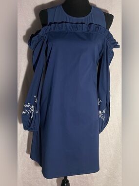 CeCe Navy Cold-Shoulder Long Sleeve Dress with White Embroidery
